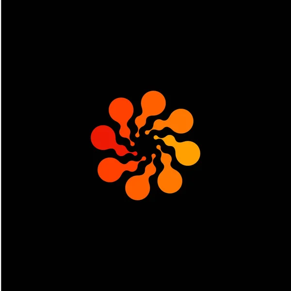 Isolated abstract round shape orange color logo, dotted stylized sun logotype on black background,swirl vector illustration — Stock Vector