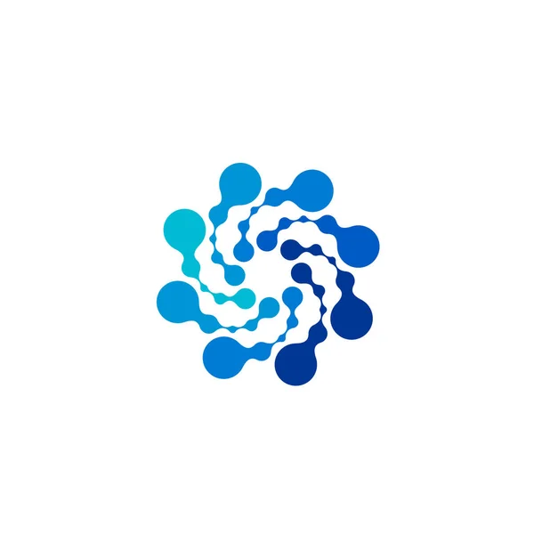 Logo de color azul de forma redonda abstracta aislada, logotipo punteado, ilustración vectorial de elemento remolino de agua sobre fondo blanco — Vector de stock