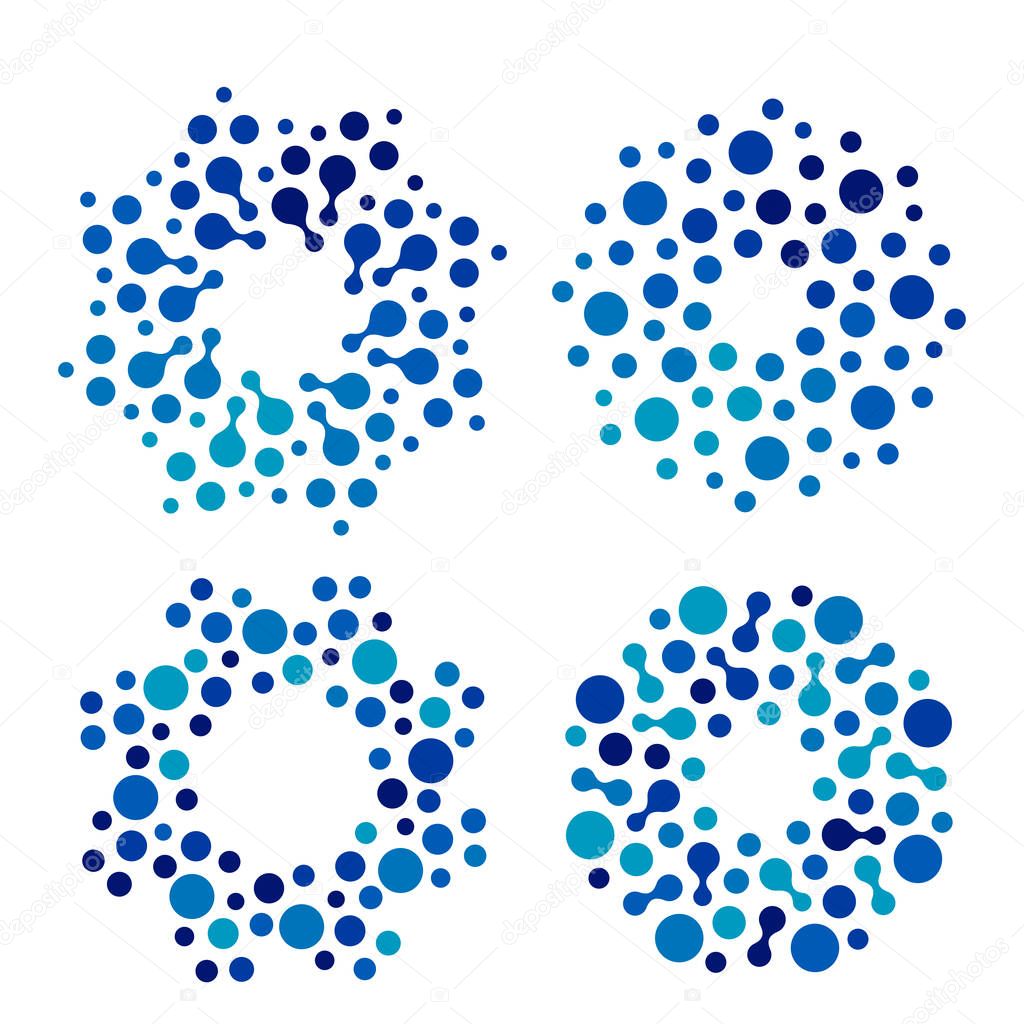 Isolated abstract round shape blue color logo set, dotted logotype collection, water element vector illustration on white background