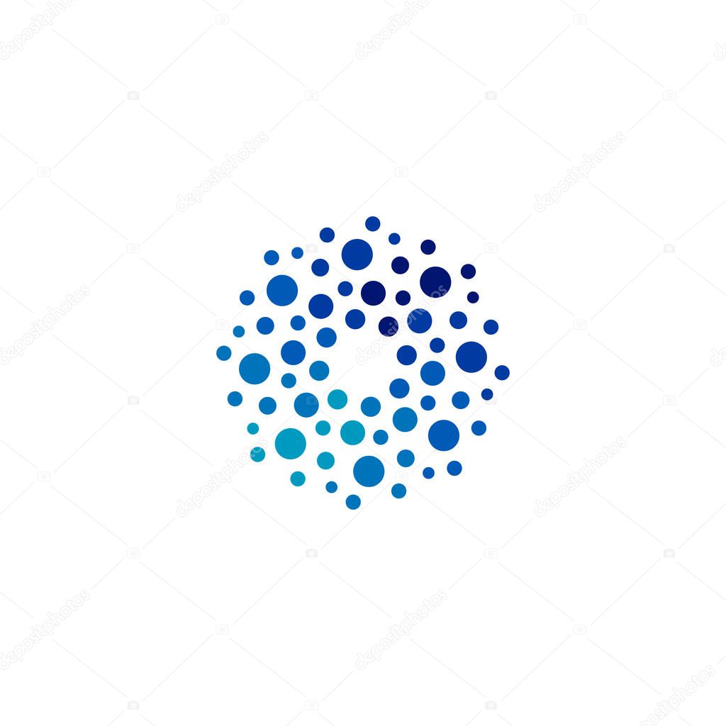 Isolated abstract round shape blue color logo, dotted logotype, water element vector illustration on white background