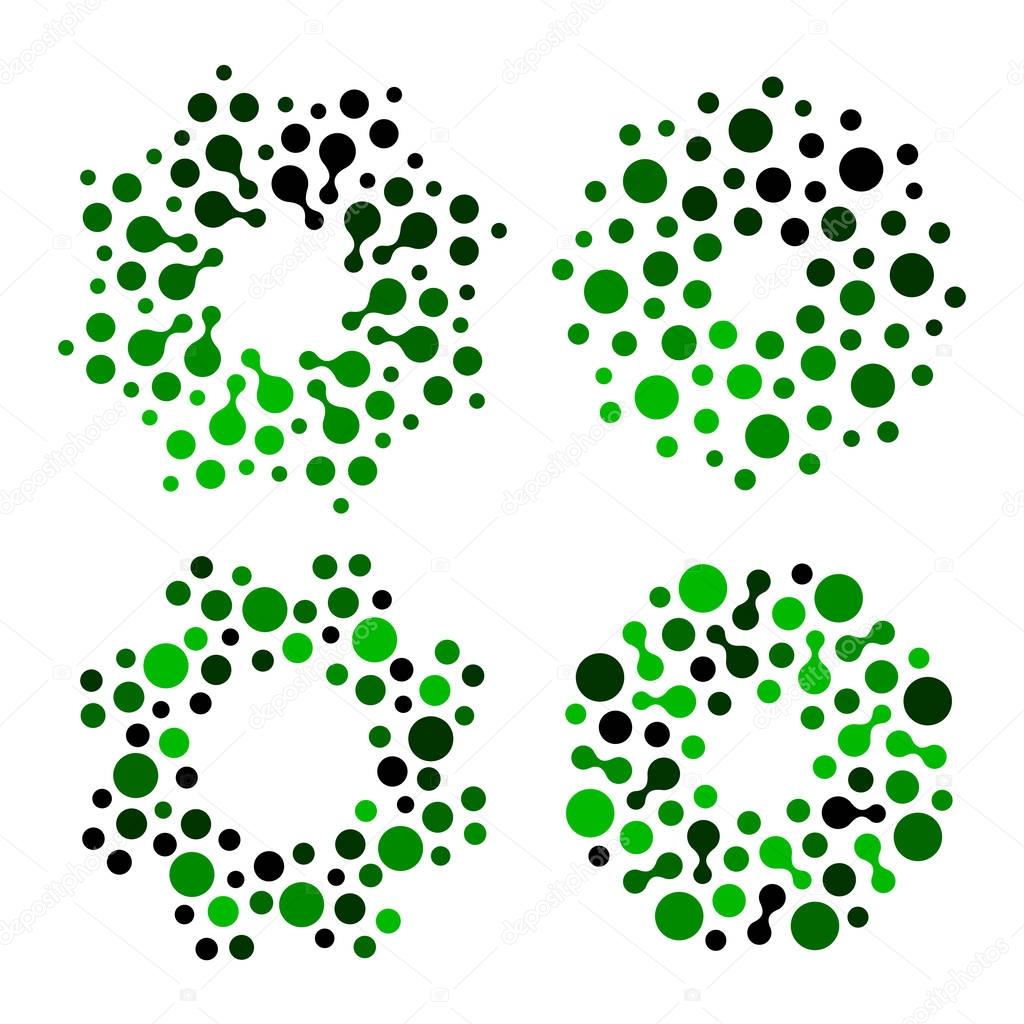 Isolated abstract green color round shape logo set on white background, simple flat dotted logotype collection vector illustration.