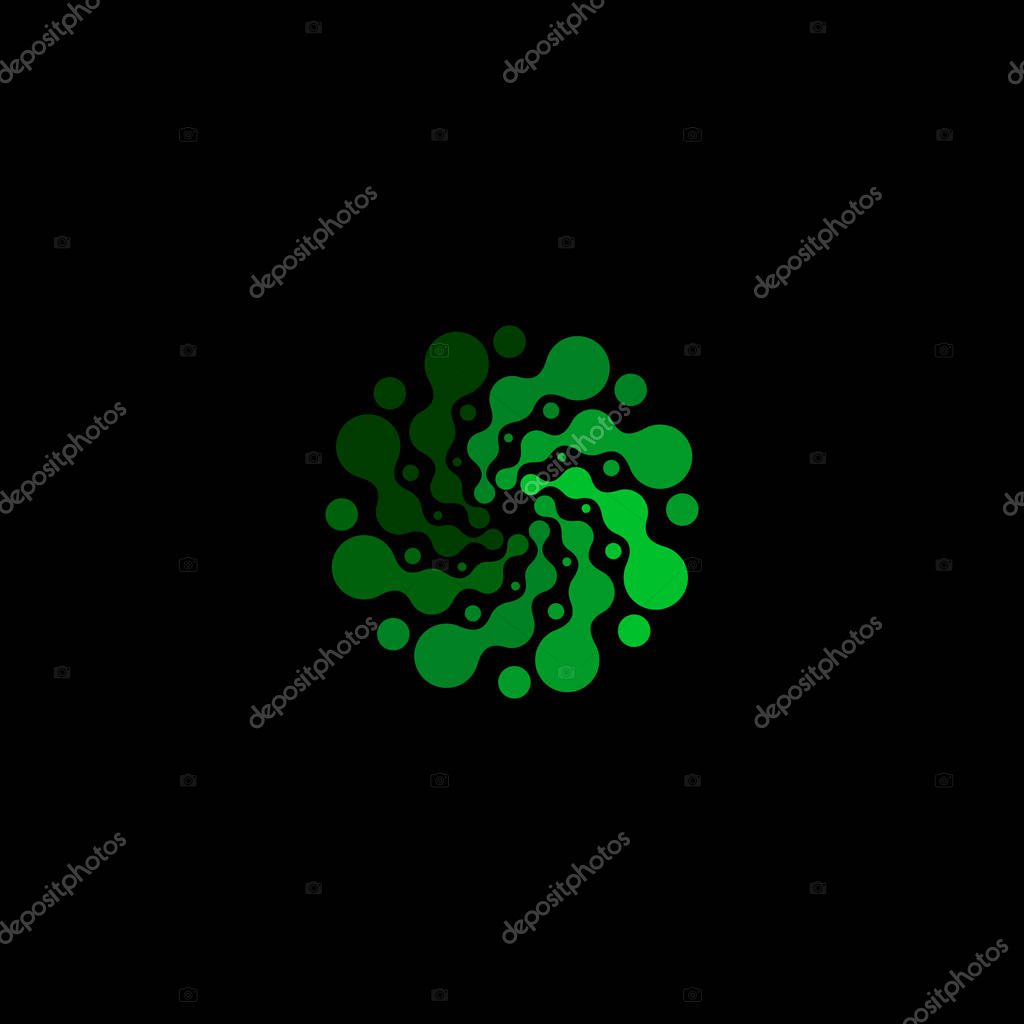 Isolated abstract green color round shape logo on black background, simple flat dotted swirl logotype, flower vector illustration.