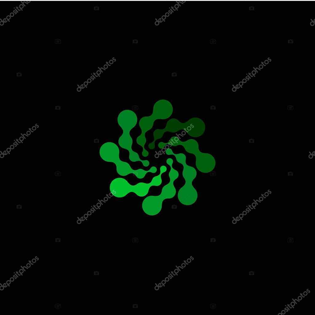 Isolated abstract green color round shape logo on black background, simple flat dotted swirl logotype, flower vector illustration.