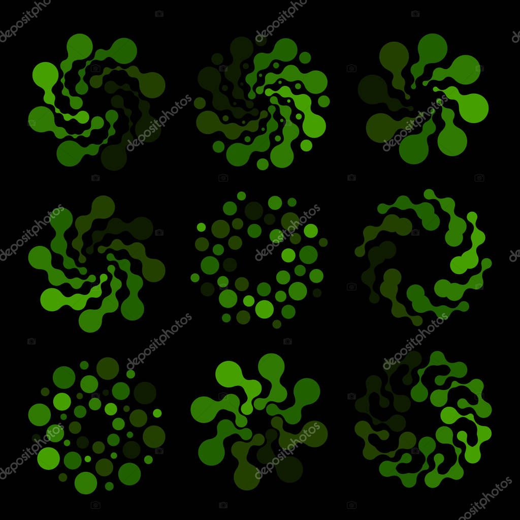 Isolated abstract green color round shape logo on black background, simple flat dotted swirl logotype, flower vector illustration.