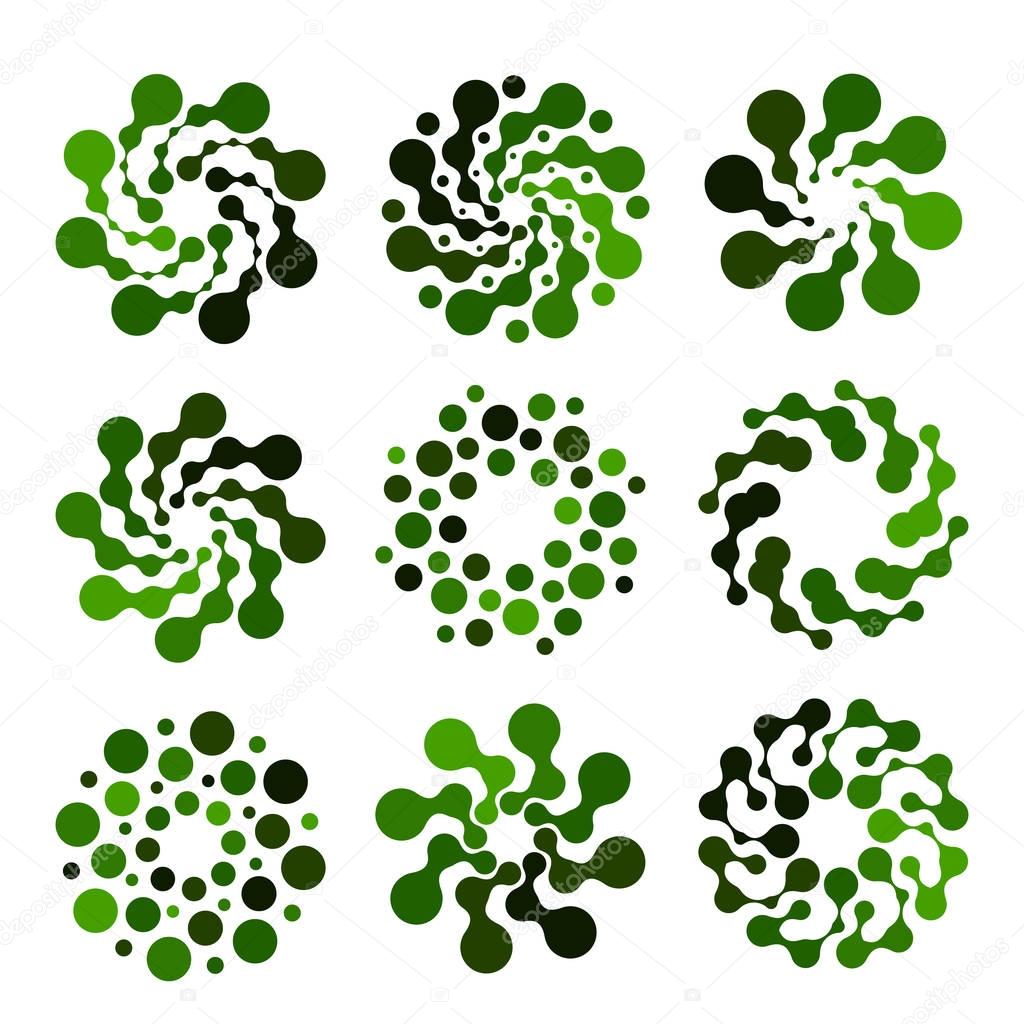 Isolated abstract green color round shape logo set on white background, simple flat dotted swirl logotype collection, flower vector illustration.