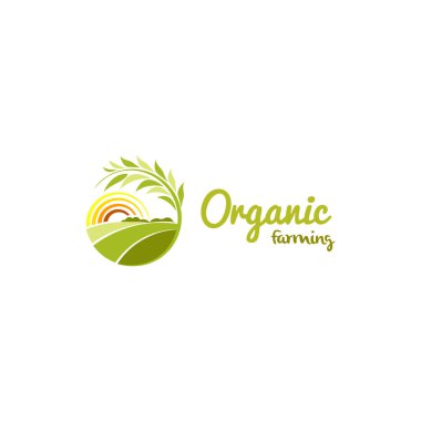 İzole yeşil renk yuvarlak şekil güneşli çayır logosu, tarım logo vektör çizim.