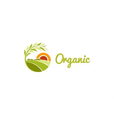 İzole yeşil renk yuvarlak şekil güneşli çayır logosu, tarım logo vektör çizim.