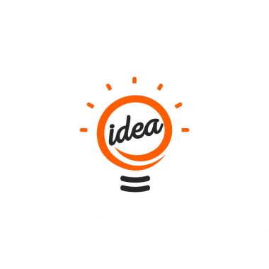 Stilize vektör kesimine, beyaz ve turuncu renk logo iz. Yeni fikir sembol, düz parlak çizgi film ampul. Fikir simgesi, daire logo.
