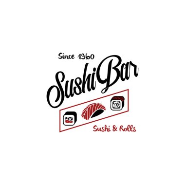 Logo ve amblem bir retro tarzı yazı ve simge ile Japon Gıda Restoran ve suşi şekli için vektör, rulo.