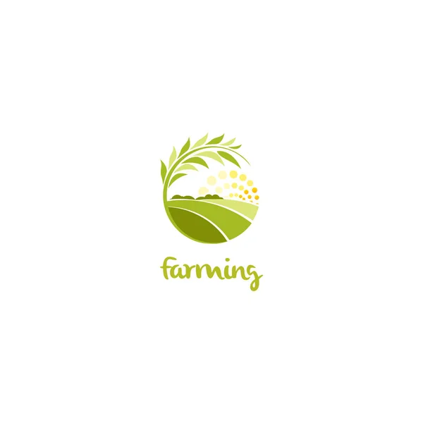 Elszigetelt absztrakt zöld színű kör alakú napsütötte réten logó, mezőgazdasági logo vektoros illusztráció. — Stock Vector