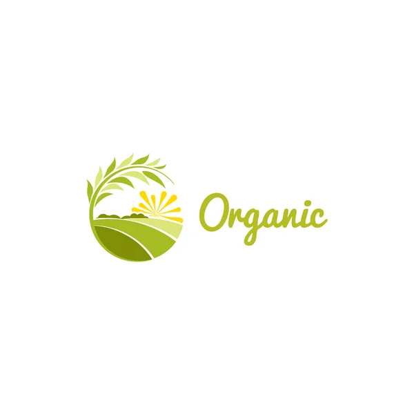 İzole yeşil renk yuvarlak şekil güneşli çayır logosu, tarım logo vektör çizim. — Stok Vektör