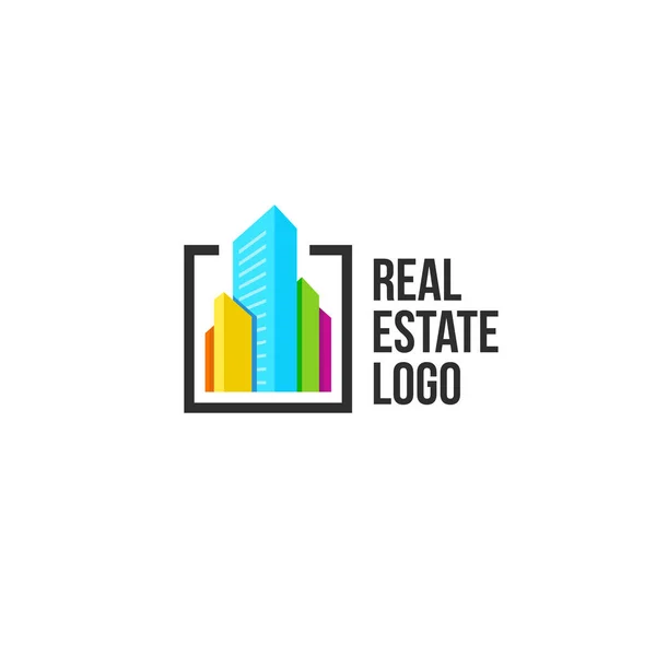 Logo de la agencia inmobiliaria colorido aislado, logotipo de la casa en blanco, icono del concepto del hogar, rascacielos vector ilustración . — Vector de stock