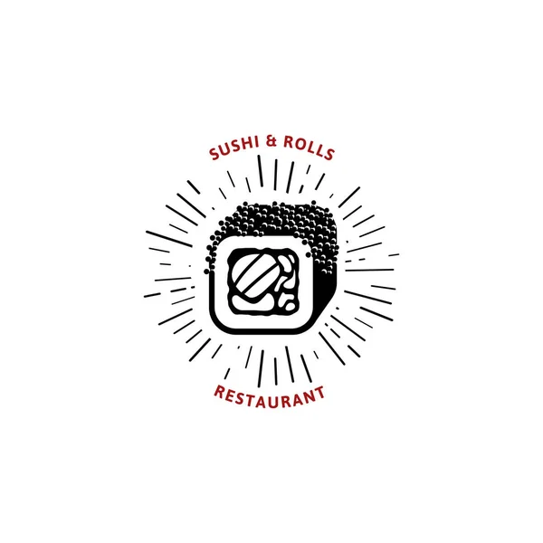 Logo vettoriale ed emblema per ristoranti di cucina giapponese in stile retrò con lettering e icona e forma di sushi, roll . — Vettoriale Stock