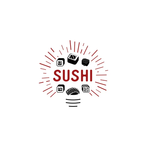 Logotipo de vetor e emblema para restaurantes de comida japonesa em estilo retro com letras e ícone e forma de sushi, rolo . —  Vetores de Stock