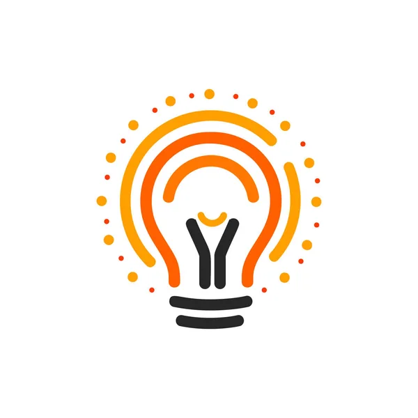 Διάνυσμα lightbulbs με γραμμή, τελείες και ακτίνα το λογότυπο. Νέα ιδέα σύμβολο, πολύχρωμα λογότυπα. Λάμπα επίπεδη Αφηρημένο φωτεινό κινουμένων σχεδίων. Λευκό, μαύρο, πορτοκαλί χρώματα υπογράφουν. Εικονίδιο κύκλο ιδέα — Διανυσματικό Αρχείο