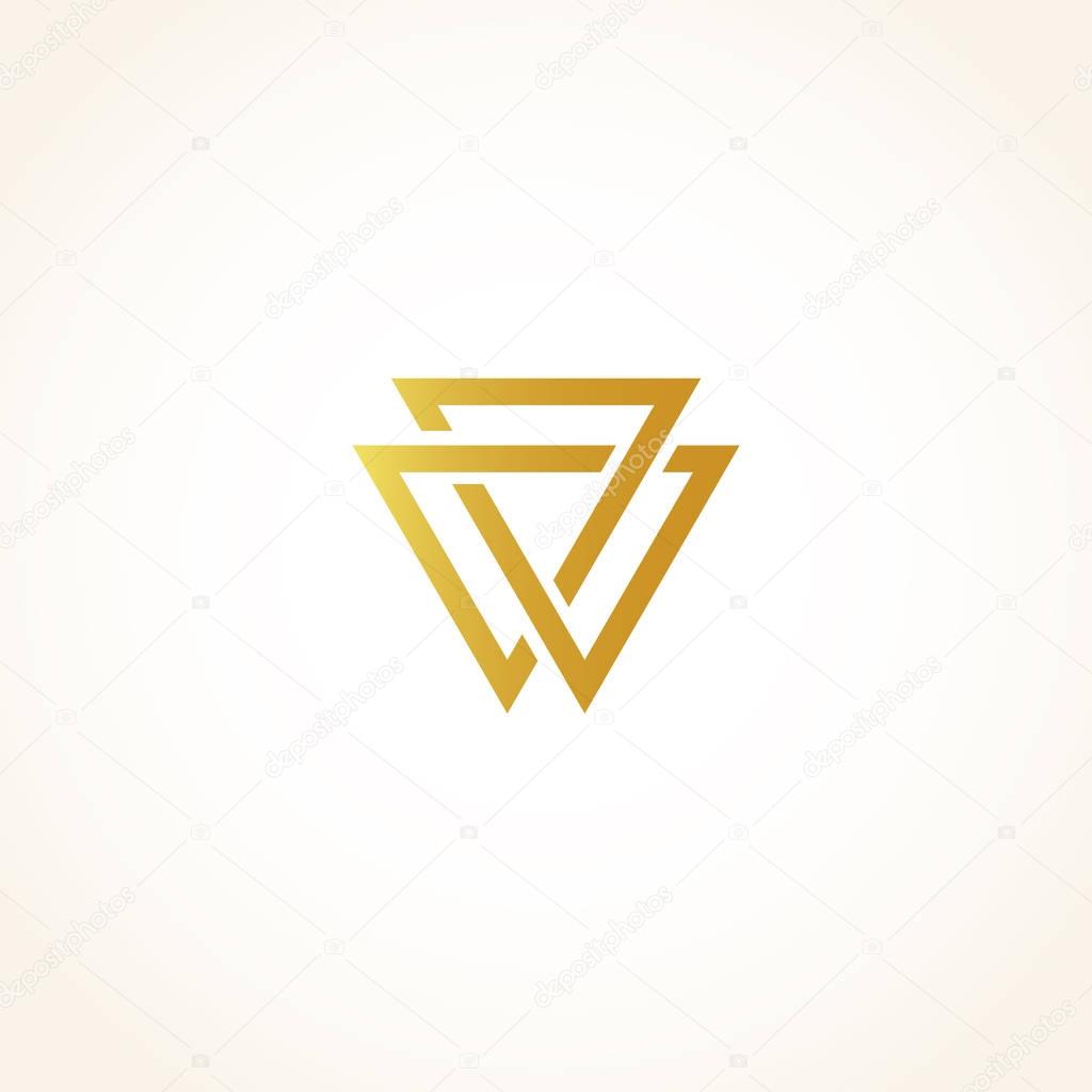 Isolated abstract golden color triangles contour logo on black background, geometric triangular shape logotype, gold luxury decoration vector illustration