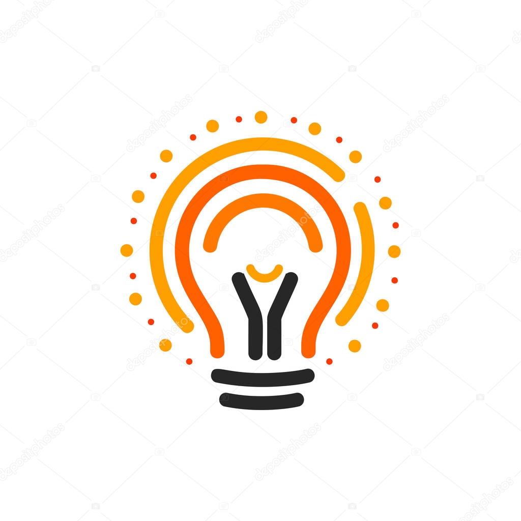 Vector lightbulbs with line, dots and beam logo. New idea symbol, colorful logotypes. Flat abstract bright cartoon bulb. White, black, orange colors sign. Idea circle icon.