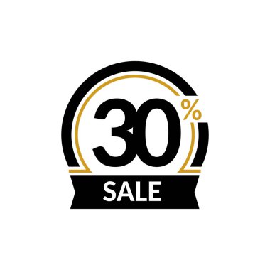 Kartı ile yüzde 30'u satış indirim. Reklam satışı vektör izole işareti. Promosyon şık logo tasarımı siyah ve altın kemerin altında.