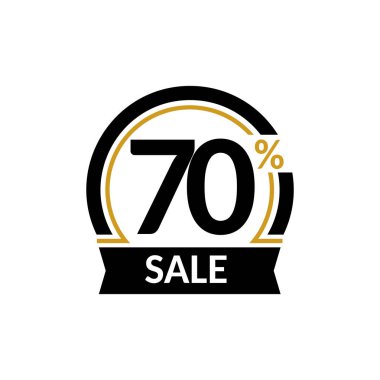 Yüzde 70'inin satışı ile kart indirim. Reklam satışı vektör izole işareti. Promosyon şık logo tasarımı siyah ve altın kemerin altında.