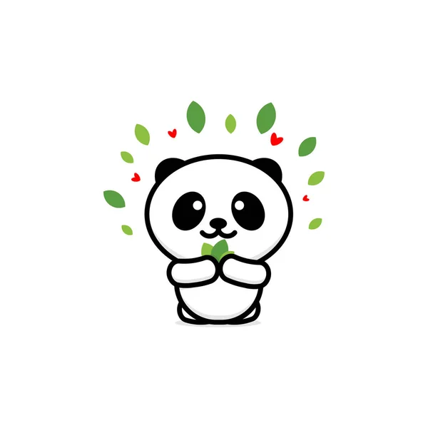 Mignon panda mange feuilles illustration vectorielle, logo bébé ours, nouvelle ligne de conception art, chinois ours en peluche signe de couleur noire, image simple, image avec animal . — Image vectorielle