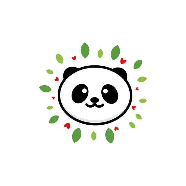 Panda mignon sur l'illustration vectorielle positive, logo bébé ours, nouvelle ligne de design art, chinois ours en peluche signe de couleur noire, image simple, image avec animal, feuilles et cœurs . — Image vectorielle