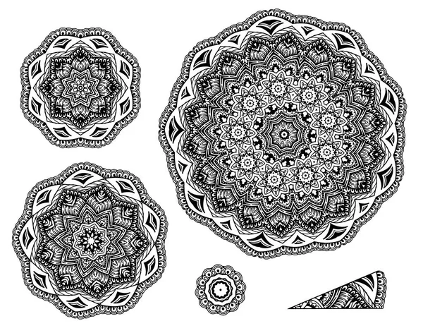 Linear carelessly drawn by hand a vector sketch ornamental mandala set. Abstract monochrome line art backdrop template collection. Black Florist decorative design element. Beauty illustration — Stock Vector