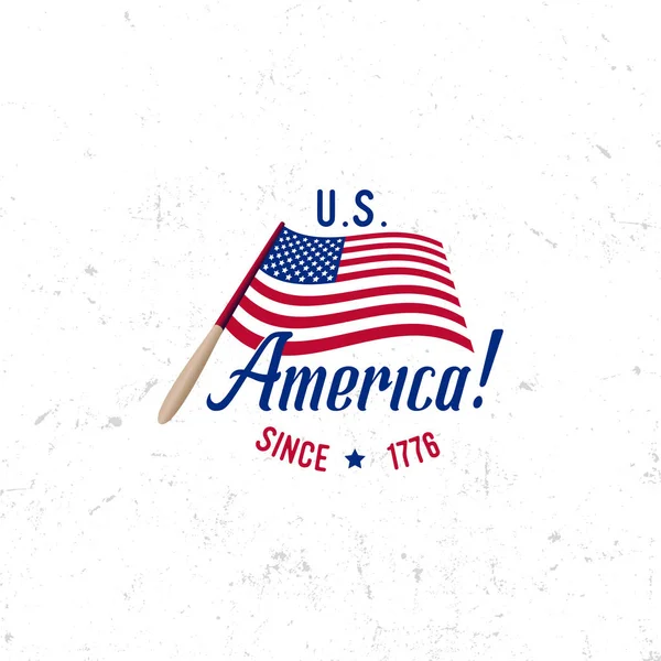 Verenigde Staten van Noord-Amerika Vector Logo Vintage eenvoudige stijl. Het pictogram van de nationale feestdag van Independence day. Blauwe en rode kleuren vs winderige vlag. Retro stijl belettering. — Stockvector