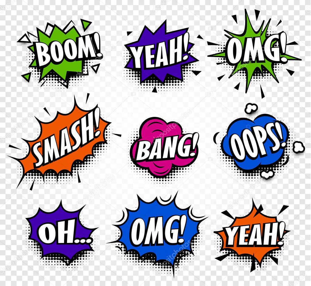 Isolated abstract colorful comics speech balloons icons collection on checkered background, dialogue boxes with popular expressions set,pop art dialog frames vector illustration