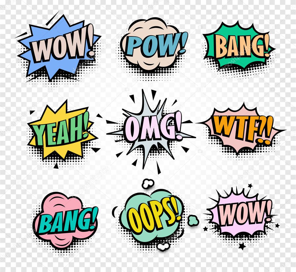 Isolated abstract colorful comics speech balloons icons collection on checkered background, dialogue boxes with popular expressions set,pop art dialog frames vector illustration