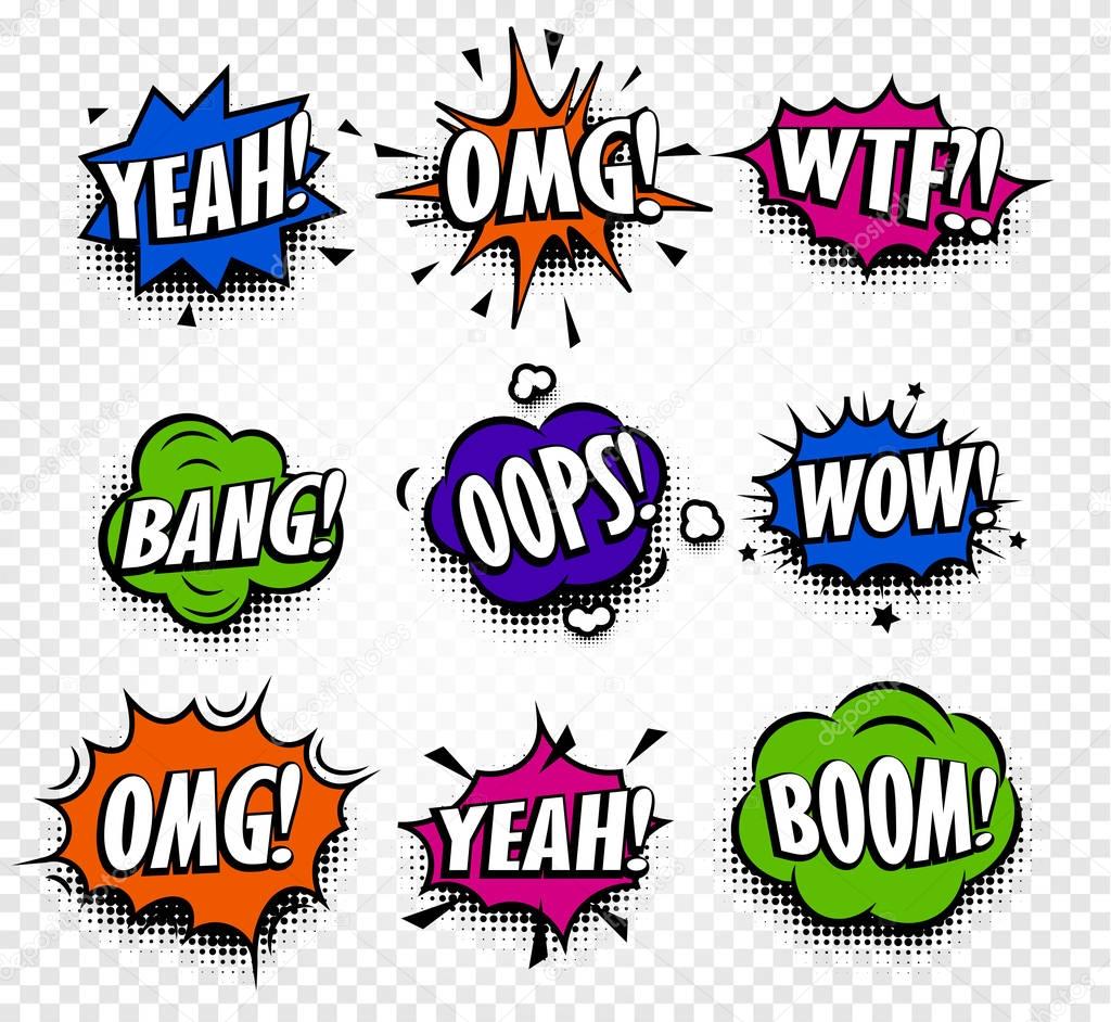 Isolated abstract colorful comics speech balloons icons collection on checkered background, dialog boxes with popular expressions set,pop art dialog frames vector illustration.