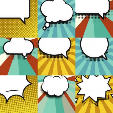 Boş komik balon şablonu ayarlayın. Net çizgi roman renkli konuşma kabarcıklar yarı ton nokta arka plan stili pop sanat koleksiyonu. Metin iletişim boş bulut. Yaratıcı bir fikir konuşma arka plan kroki patlama.