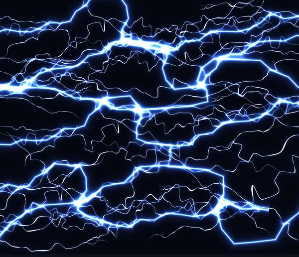 Brillante flash realista de relámpagos en el cielo negro, abstracto vector de fondo relámpagos brillantes cruzándose entre sí. Textura inusual de los rayos eléctricos y la ilustración de alto voltaje . — Archivo Imágenes Vectoriales