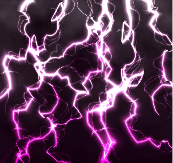 Yıldırım birbirlerine geçiş Lightning'ler parlayan tasarlamak vektör arka plan siyah gökyüzünde parlak gerçekçi parıltısı. Elektrik ışınları ve yüksek gerilim resimde olağandışı doku. — Stok Vektör