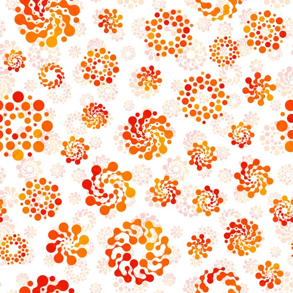 Color naranja abstracto círculos sin costura patrón de diseño inusual. Vector aislado formas redondas repetibles fondo. Universo futurista metaball puntos fondo de pantalla . — Vector de stock