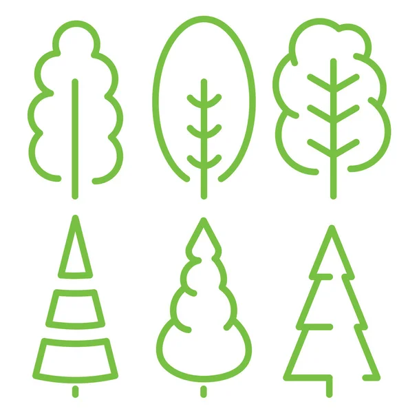 Illustrations isolées de vieux arbres de couleur verte. Logo et icône de forêt vectorielle de style linéaire. Collection de panneaux plats parc et jardin . — Image vectorielle