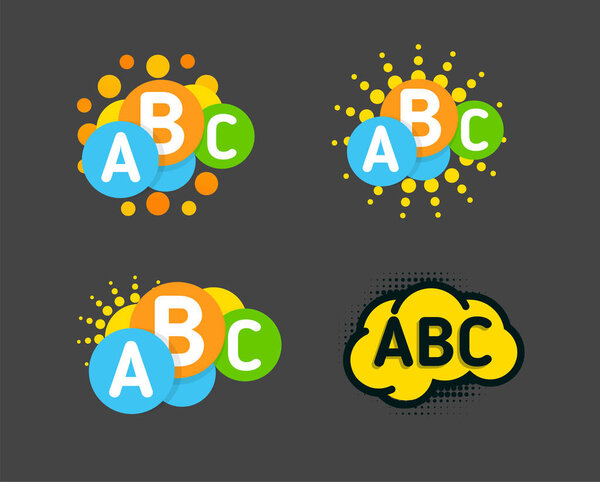 Creative children colorful brain with abc signs and orange sun. Vector isolated logo.