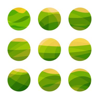 Vegan gıda yeşil alan sarı güneş ile. Vejetaryen Restoran, Cafe logo. İzole soyut dekoratif logolar ayarla, beyaz arka plan üzerinde tasarım öğe şablonu