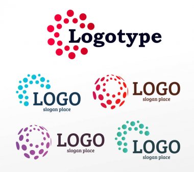 Abstract dotted vector logos template set. Miscellaneous universal isolated unusual logotype collection. clipart