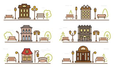 Karikatür Çizim boyama cephe ve bitişik Parklar. Anahat stilize vektör cityscape şablonu. İnce doğrusal elemanları Peyzaj Park ve şehir tasarımı. Retro renk şehir illüstrasyonlar kümesi