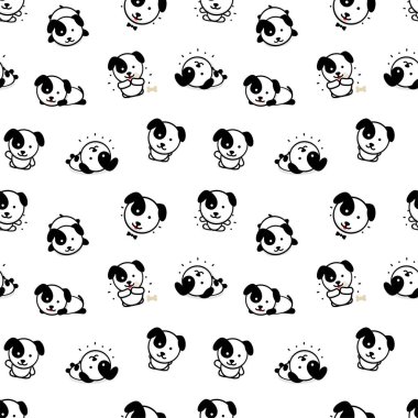 Sevimli köpek yavrusu köpek vektör çizimler, koleksiyon ev hayvanları basit doku öğeleriyle, siyah ve beyaz memeliler arka plan ile Seamless Modeli