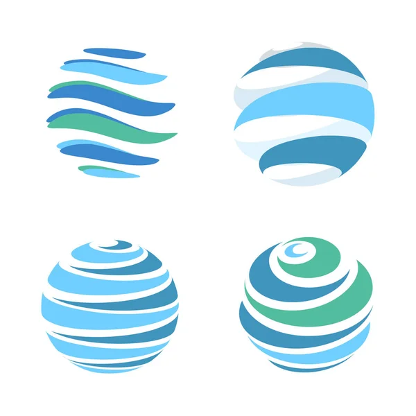 Astratto blu pianeta globale spogliato logo vettoriale set di modelli. Strisce blu rotanti, pianeta circolare in movimento attorno al suo asse. Varie collezione logo universale isolato . — Vettoriale Stock