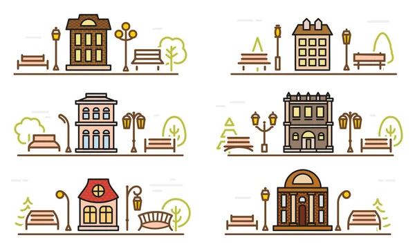 Мультипликационный рисунок раскраски фасада и прилегающих парков. Контур стилизованного векторного шаблона городского пейзажа. Парк и городской дизайн ландшафт тонкие линейные элементы. Ретро-цветные иллюстрации города — стоковый вектор