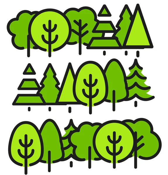 Isolierte grüne Farbe Bäume in linearen Stil gesetzt, Wald, Park und Garten flache Vektor Illustrationen Sammlung — Stockvektor