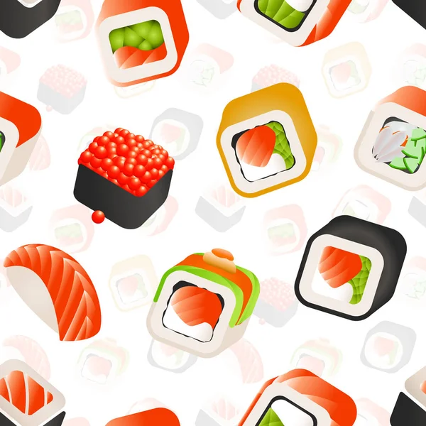 Sushi e rolos sem costura padrão, vetor de comida japonesa ilustração de fundo colorido. Modelo de embalagem . — Vetor de Stock