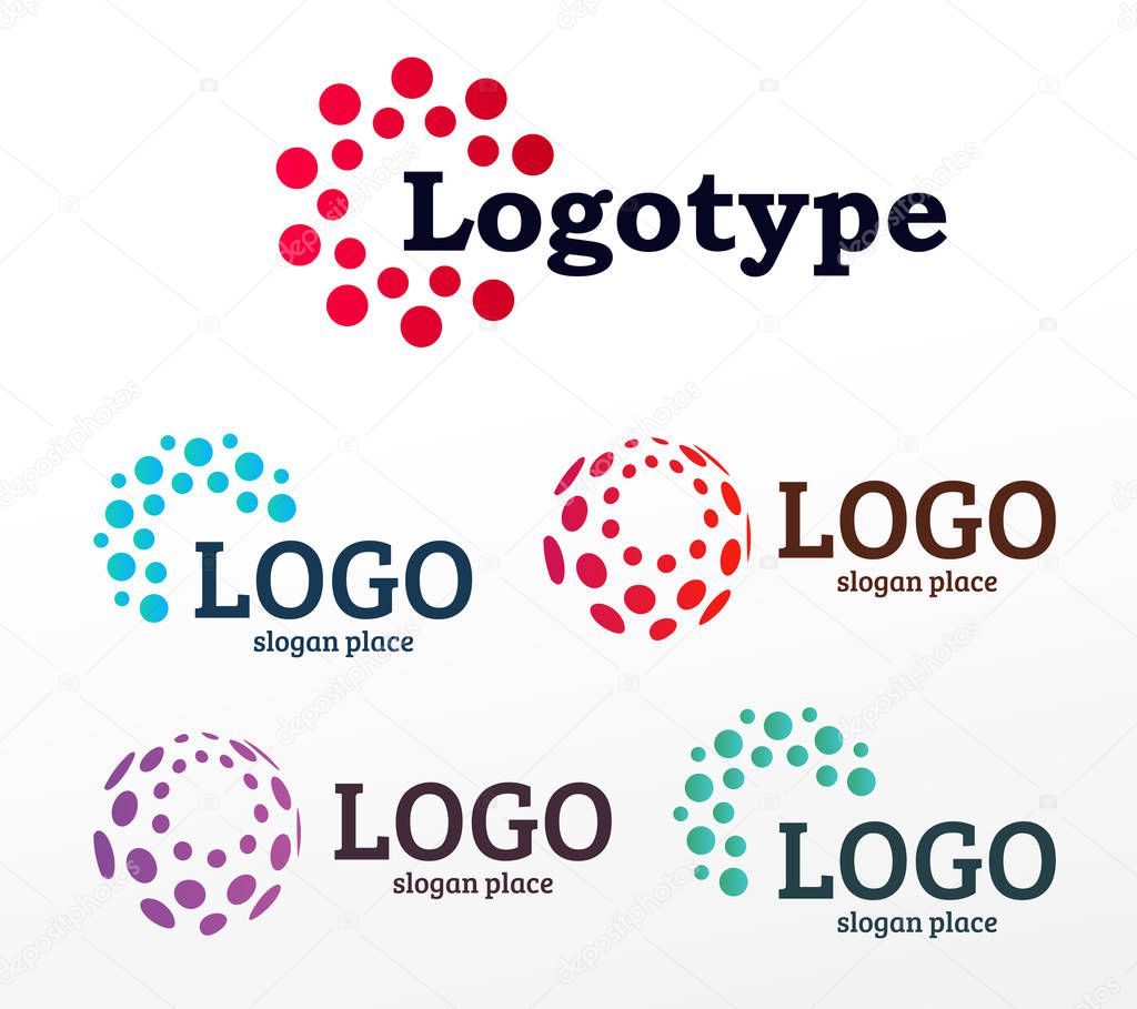 Abstract dotted vector logos template set. Miscellaneous universal isolated unusual logotype collection