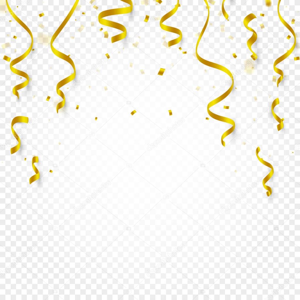 Gold confetti falling and serpentine and ribbons on white transparent background vector illustration. Party, festival, fiesta design decor poster element.