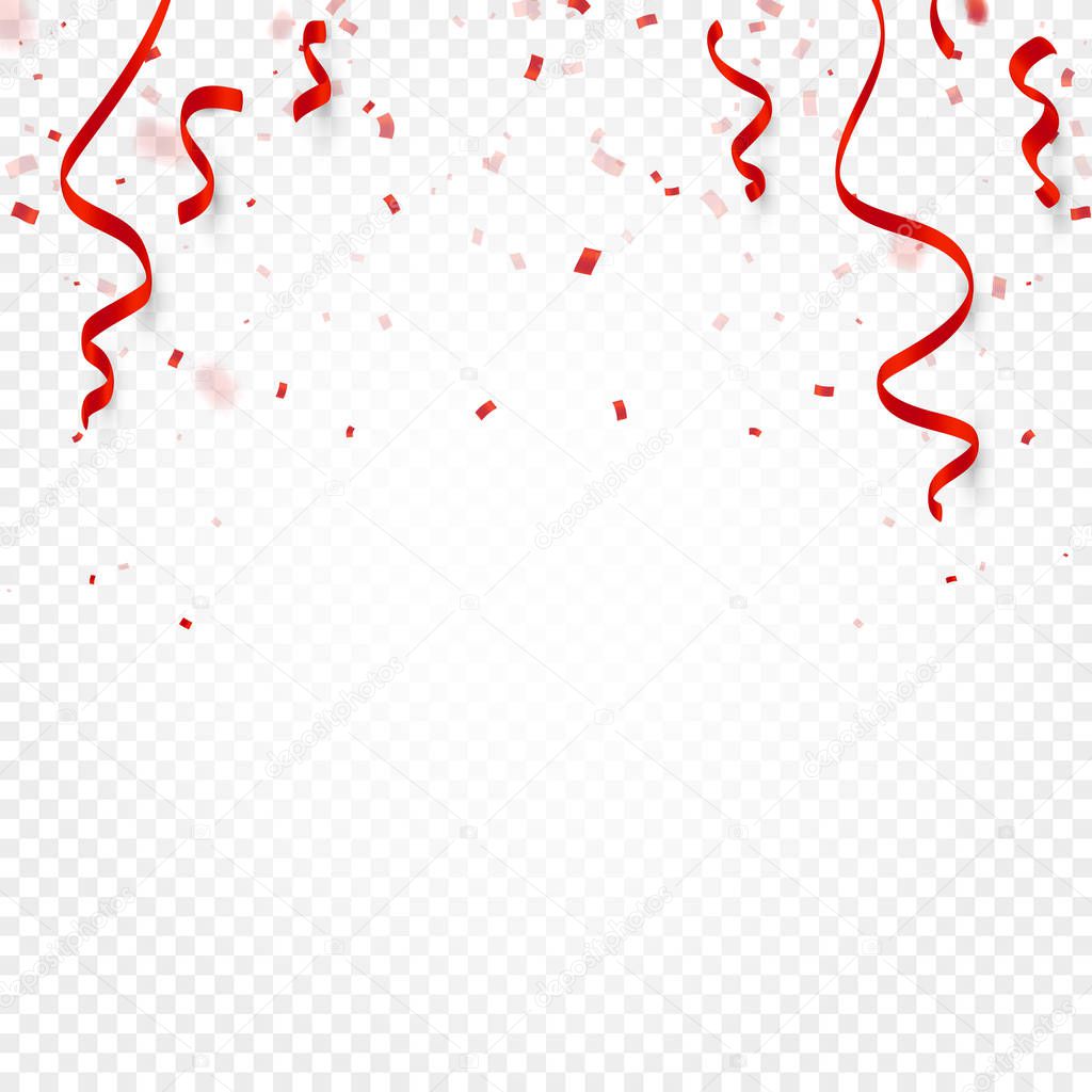 Red confetti, serpentine or ribbons falling on white transparent background vector illustration. Party, festival, fiesta design decor poster element.