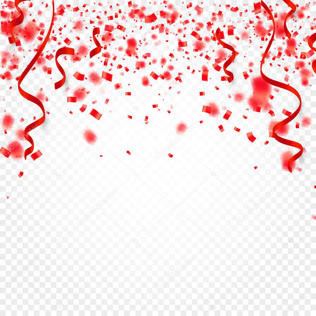 Red confetti, serpentine or ribbons falling on white transparent background vector illustration. Party, festival, fiesta design decor poster element.