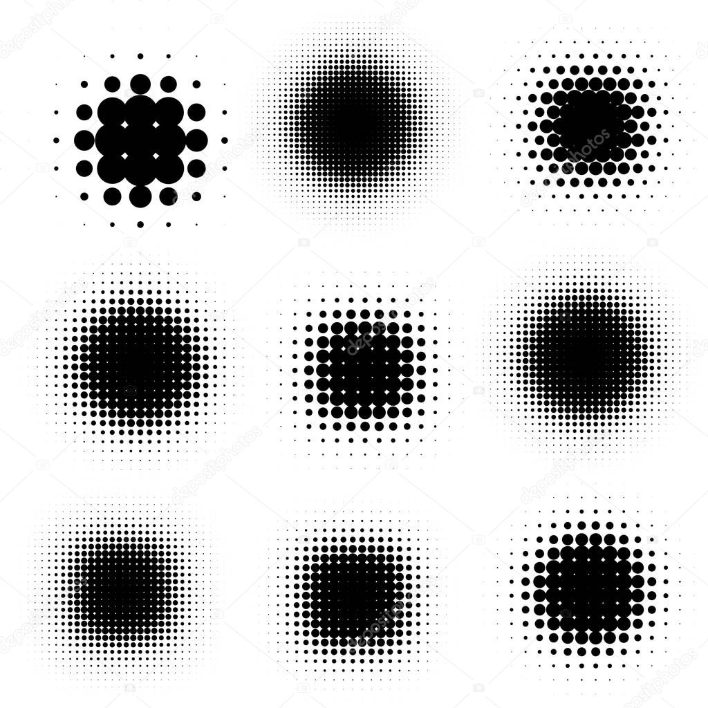 Comic cartoon blot black shadows template, halftone vector illustration set