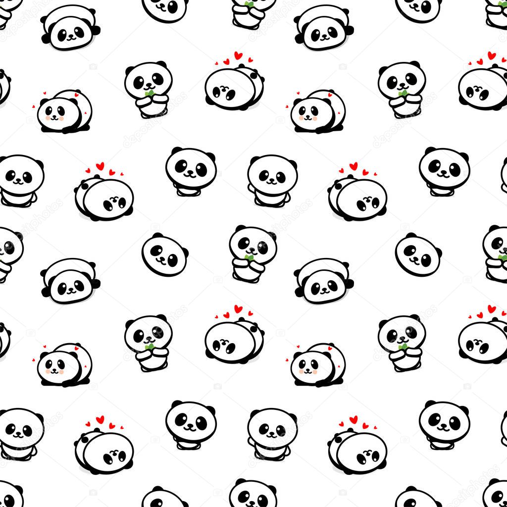 Seamless Pattern with Cute Panda Asian Bear Vector Illustrations, Collection of Chinese Animals Simple Texture Elements, Black and White mammals Icons set.